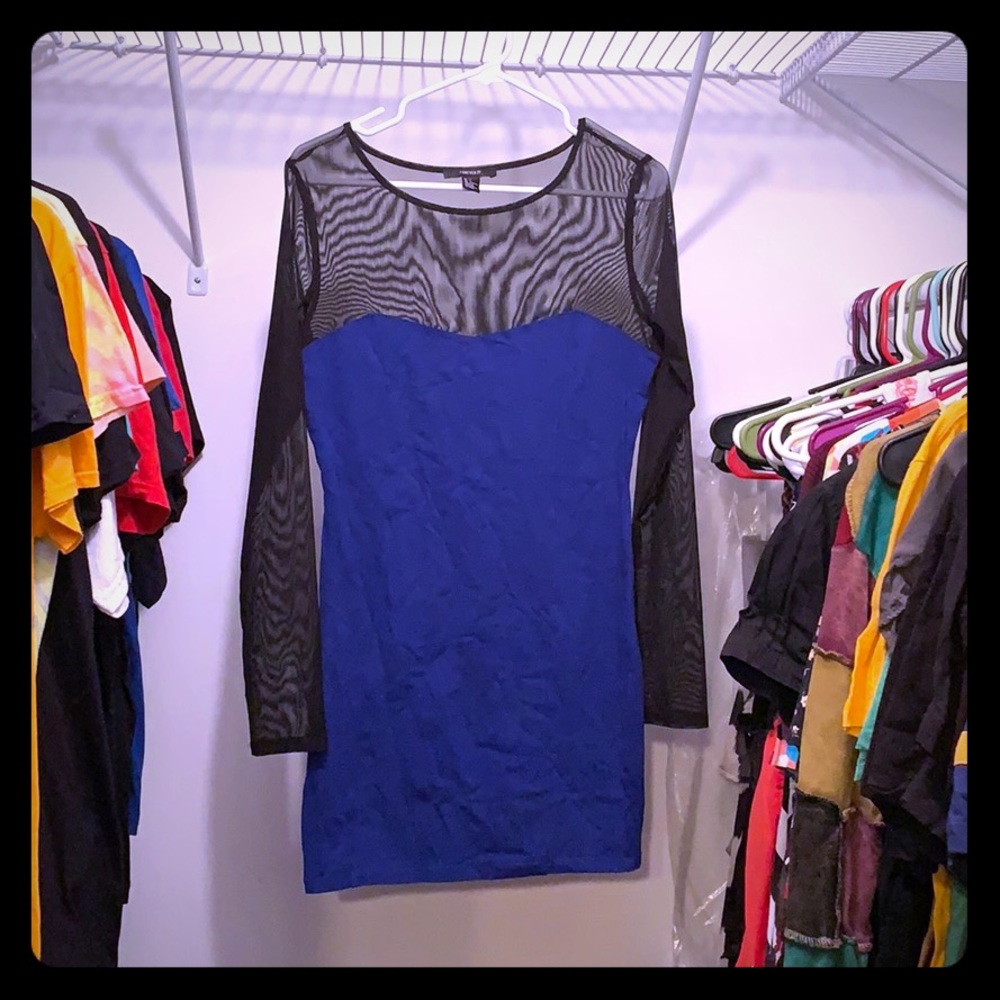 Forever 21 Blue/Black Mesh Long Sleeve Dress